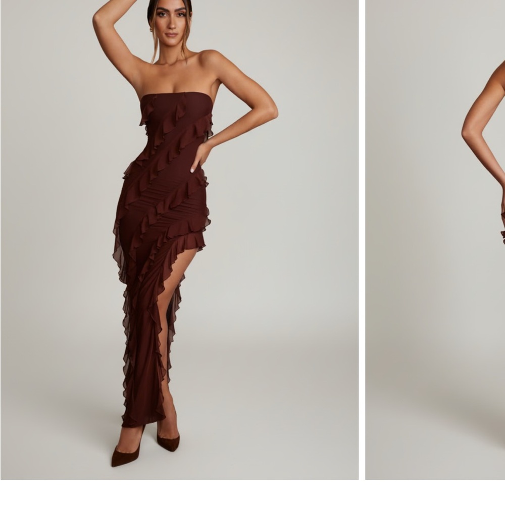 Oh Polly Strapless Brown Ruffle Maxi Dress